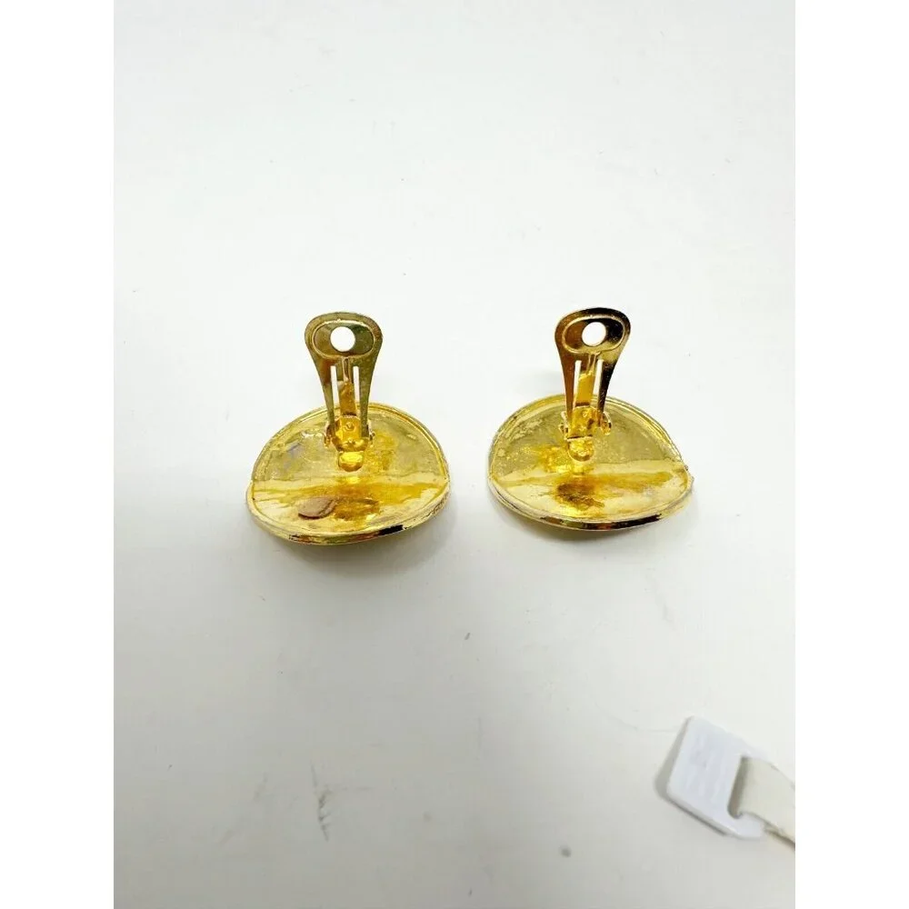 Chanel Pair of Gold Plated Black Metal Clip On Earrings Interlocked C Logo Round